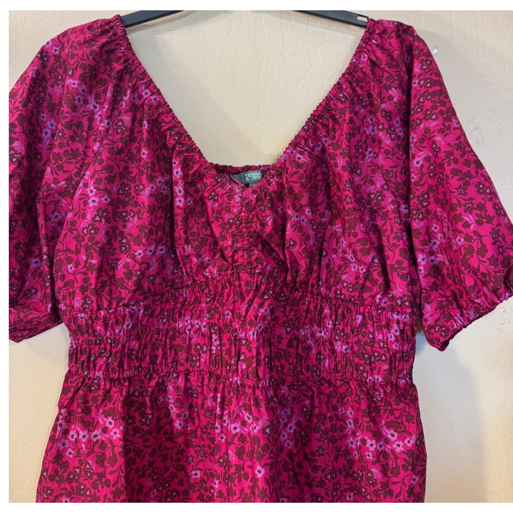 Terra & Sky Mini Cinched Dress Women 0X Dark Azalea Floral Smocked Pockets NEW - Picture 2 of 11